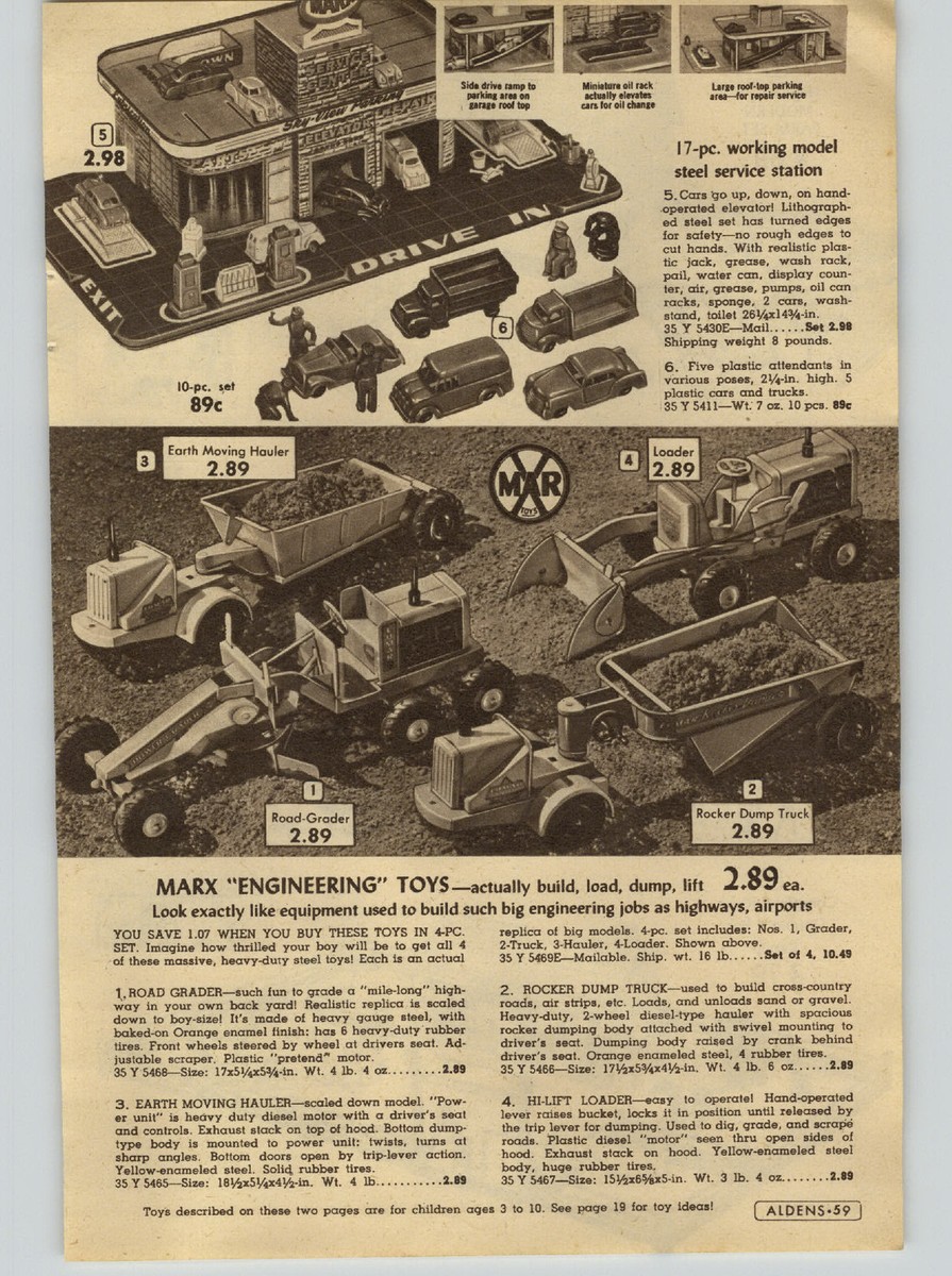 1955 PAPER AD 3 Pg Marx Toy Engineering Grader Hauler Dump Truck 