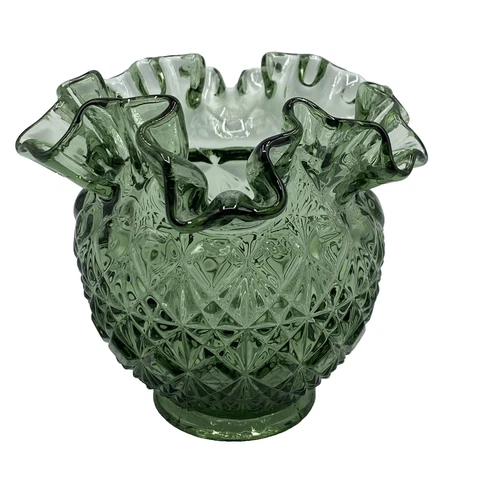 Vtg Fenton Colony Green Glass Diamond Ruffled Top Rose Bowl / Vase 4 1/2” Footed