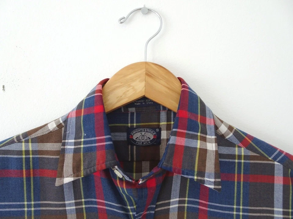 S Vtg 90s Knightsbridge Blue Red White Brown Plaid Lumberjack Thin 65/35 Shirt S - Image 3 of 4