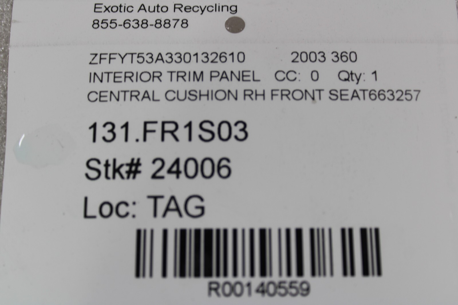 Ferrari 360, RH, Right, Front Central Cushion, Black, Used, P/N 663257