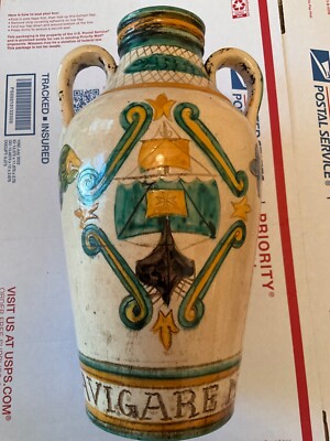 ANTIQUE Pisa Italy Sgraffito 2-Handle Urn/Vase w/  Navigare Necesse Est  10.75 T