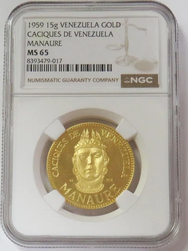 1959 GOLD VENEZUELA MANAURE CHIEF CACIQUES 15 GRAM NGC MS 65