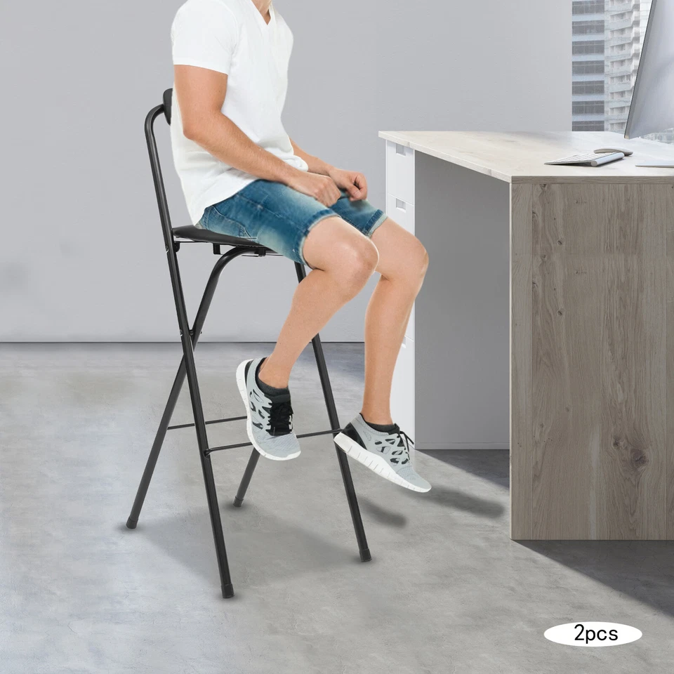 2Pcs Black Foldable Bar Chair Modern Tall Folding Chair Portable Folding Stool - Image 3 of 4