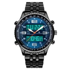 Men's LED Analog Digital Date Week Sports Outdoor Steel Blue Dial Watch