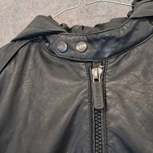 Ecko Unltd Jacket Mens XL Black Leather Look Full Zip Hood Biker Coat Y2K Retro - Picture 7 of 9