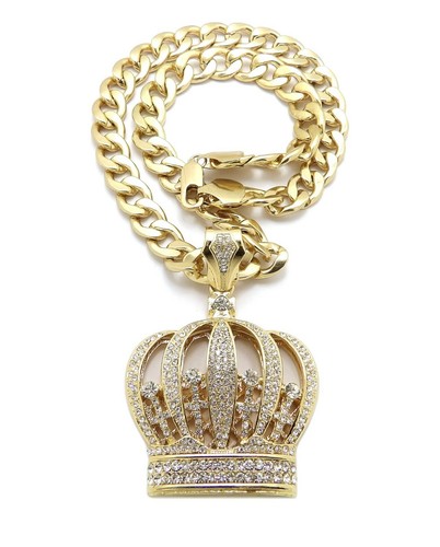 Hip Hop Stone Stud Crown Pendant 11mm 18",20",24" Cuban Chain Necklace RC4073 - Picture 3 of 14
