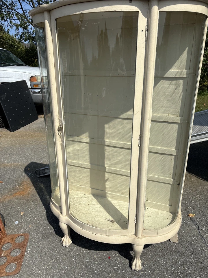Vintage Antique China Cabinet – Curved Beveled Glass Curio 4 Shelves Claw Feet - Image 2 of 4