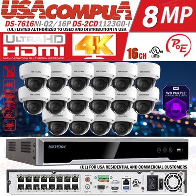 Hikvision 4K 16CH 2MP Security IP Camera System W/2MP VANDAL PROOF 2.8mm