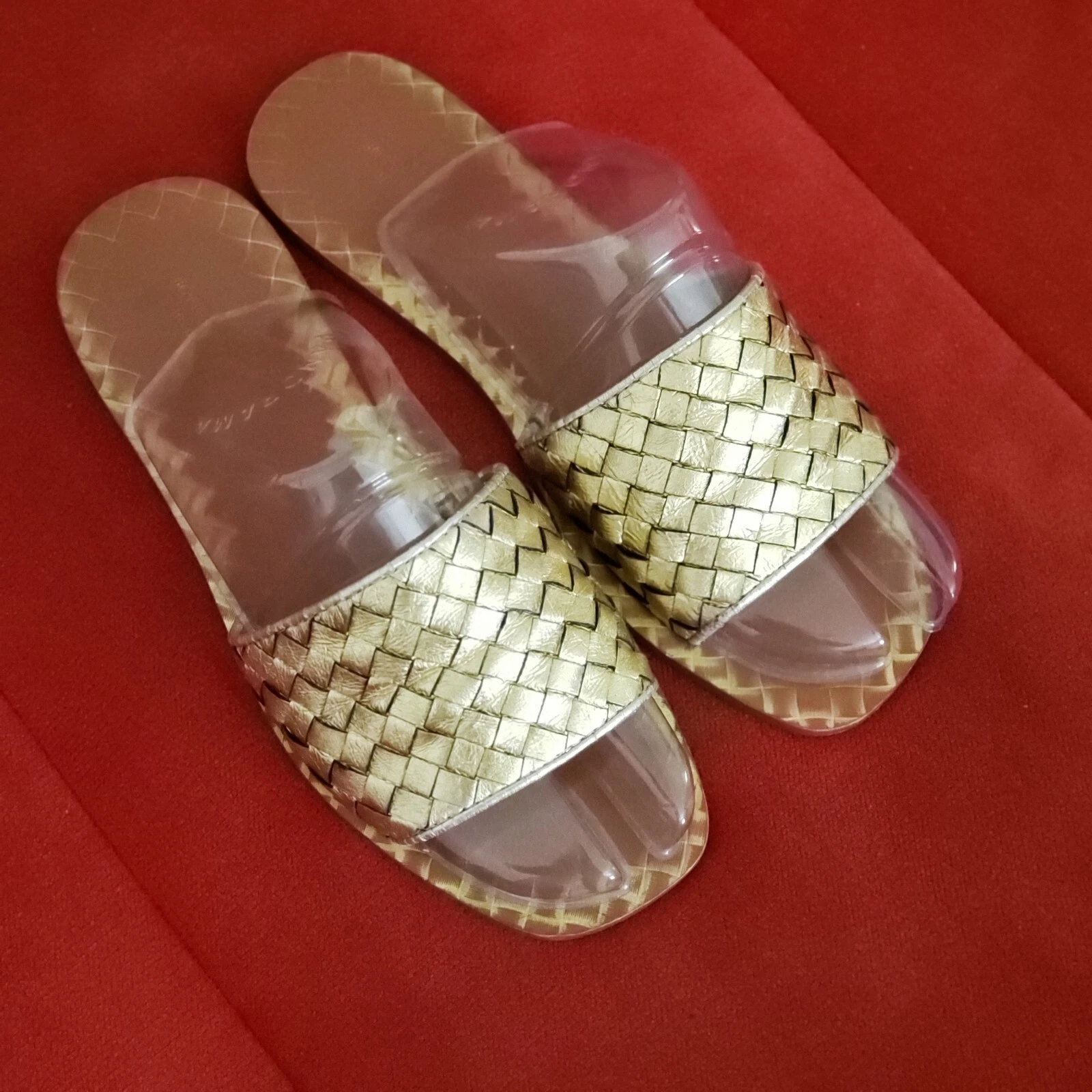 Taglia 10 Sandali donna Bottega Veneta piatti pelle intrecciata slide oro