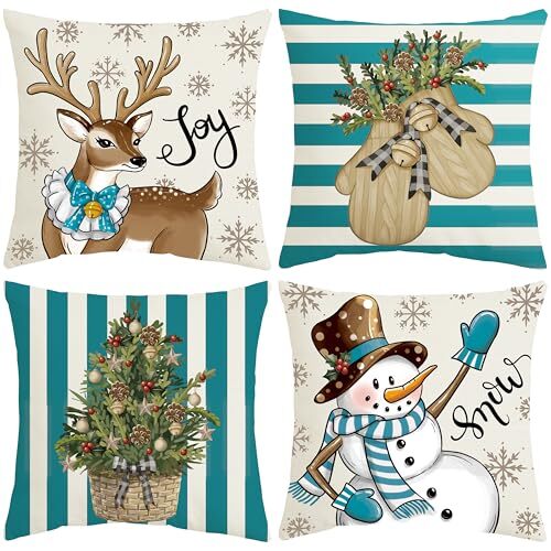 18x18 Christmas Pillow Covers Set of 4 Featuring Snowman Reindeer Gloves in Blue White-image