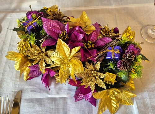 Artificial Flowers Christmas Table Centerpiece Poinsettia Rose Berries Holly - Picture 7 of 16
