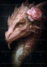 ELEGANT GOTHIC PINK DRAGON ART PRINT, Dark Fantasy Decor, Flower Creature Poster