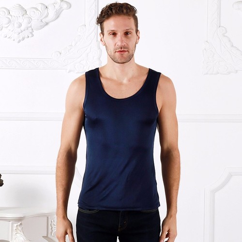 Men's Pure Silk Tank Top Vest Sleeveless Knitted Leisure Crew Neck Soft White - Picture 15 of 15
