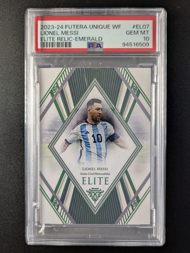 2023-24 Futera Unique LIONEL MESSI 9/14 Game-used Patch Emerald EL07 PSA 10 POP1