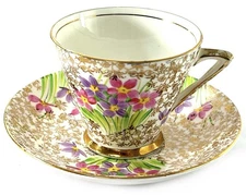 Phoenix Bone China England Teacup & Saucer Gold Chintz Floral T.F.&S.