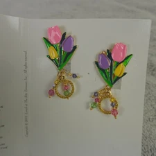 Lunch at the Ritz Earrings Tulip Festival Signed Clip On Menu Card