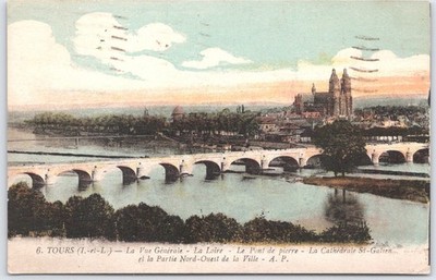 Vintage Tours France Postcard Stone Bridge & St-Gatien Cathedral