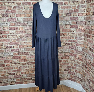 Weird Fish Maxi Dress UK 14 Navy Blue Prairie Tiered Jersey Stretch Flare