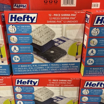12-pcs Hefty Shrink-Pak Jumbo Family Pack Vacuum Storage Bags w/ Pump NEW Sealed