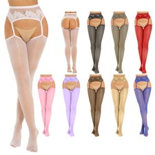 US Woman's Lace Thigh High Stockings Garter Belt Hold Up Shimmery Oil Silk Pants