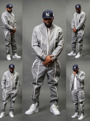 Mens Genuine Lambskin Gray leather Track Suit Sweatsuit Jogging Style Tracksuit