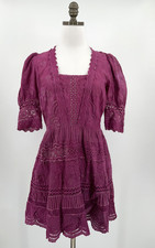 LoveShackFancy Purple Eyelet Ruffle Cotton Puff Sleeve Mini Fit Flare Dress Sz 2