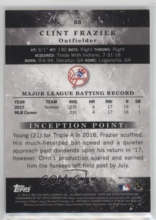 2018 Topps Inception Red /75 Clint Frazier #88 Rookie RC - Image 2 of 2