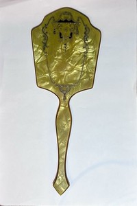 VTG Art Deco Celluloid Vanity Hand Mirror Large Pearl Yellow Inlay Rhinestones