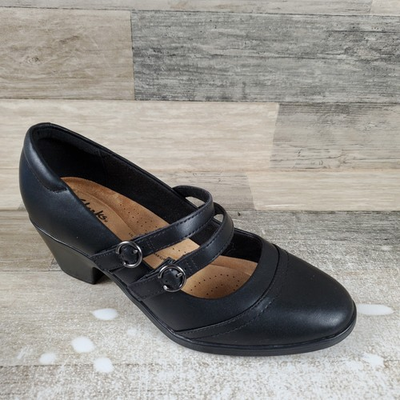 #ad Clarks Emily 2 Womens Mary Jane Pumps Sz 7.5 Black Leather Slip On Block Heels $29.20