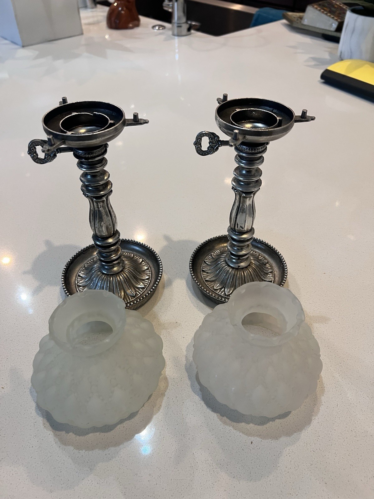 Vtg Villy Silver Candle Holder Frosted Glass Shade Hurricane Lamp Set Of 2
