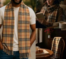 Unisex Wool Cashmere Fringed Checked Plaid Scarf 11.5"  74" Tan/Red/Black