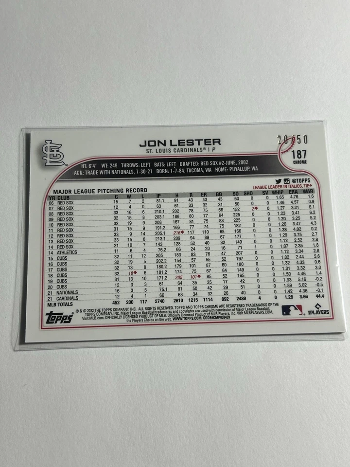 Jon Lester 2022 Topps Chrome Sonic /50 GOLD RAYWAVE REFRACTOR - Image 2 of 2