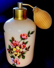 Vintage PERFUME ATOMIZER Pink MILK GLASS FLORAL Gold Top Bulb Large Unique — photo 1