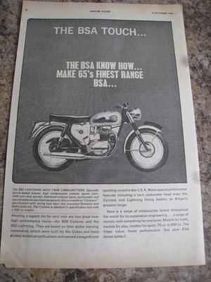 BSA TOUCH 650 LIGHTNING WITH TWIN CARBURETTERS 500 CYCLON 1964 ADVERT A4 FILE 49