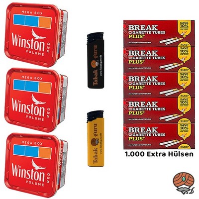 Winston Red/Rot Volumentabak Mega Box 3x 115g, 1000 Break Plus Hülsen, Zubehör