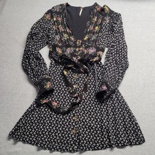 Free People Wonderland Mixed Floral Button Front Mini Dress Black Long Sleeve XS