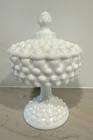 Vintage MCM Fenton Hobnob Milk Glass Hobnail Footed Candy Dish w/ Lid, 9" Height