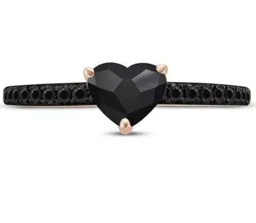 1.00 Ct Heart Simulated Black Diamond Promise Engagement Ring 14k Rose Gold Over - Picture 3 of 4