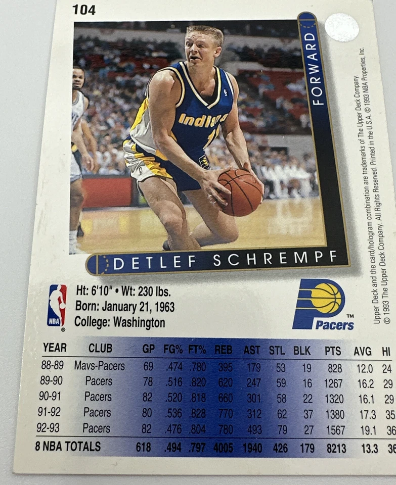 Upper Deck #104 1993 Detlef Schrempf Indiana Pacers Foto 2 de 3