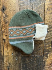 Boys Knit Trapper Hat Size 8 - 20 Dark Green Multicolor  Soft Beige Ear Cover
