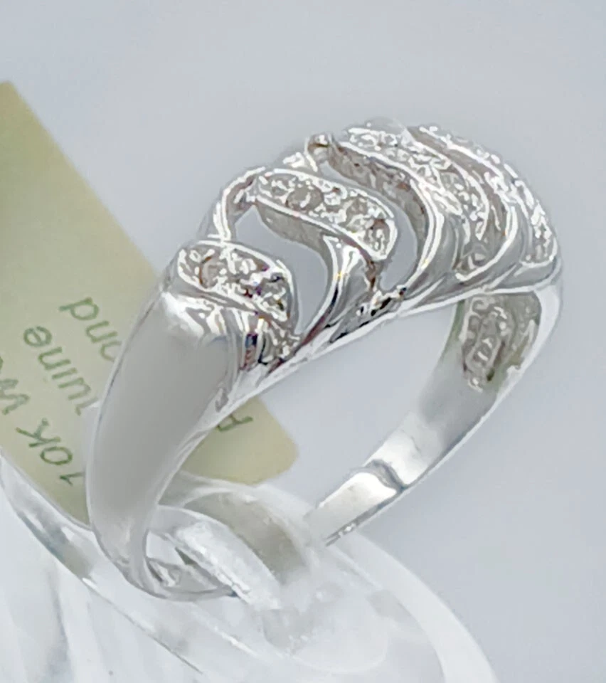 ANILLO CÚPULA DIAMANTE GENUINO ORO BLANCO 10K - Hecho en EE. UU. - Servicio de tasación gratuito Foto 3 de 4