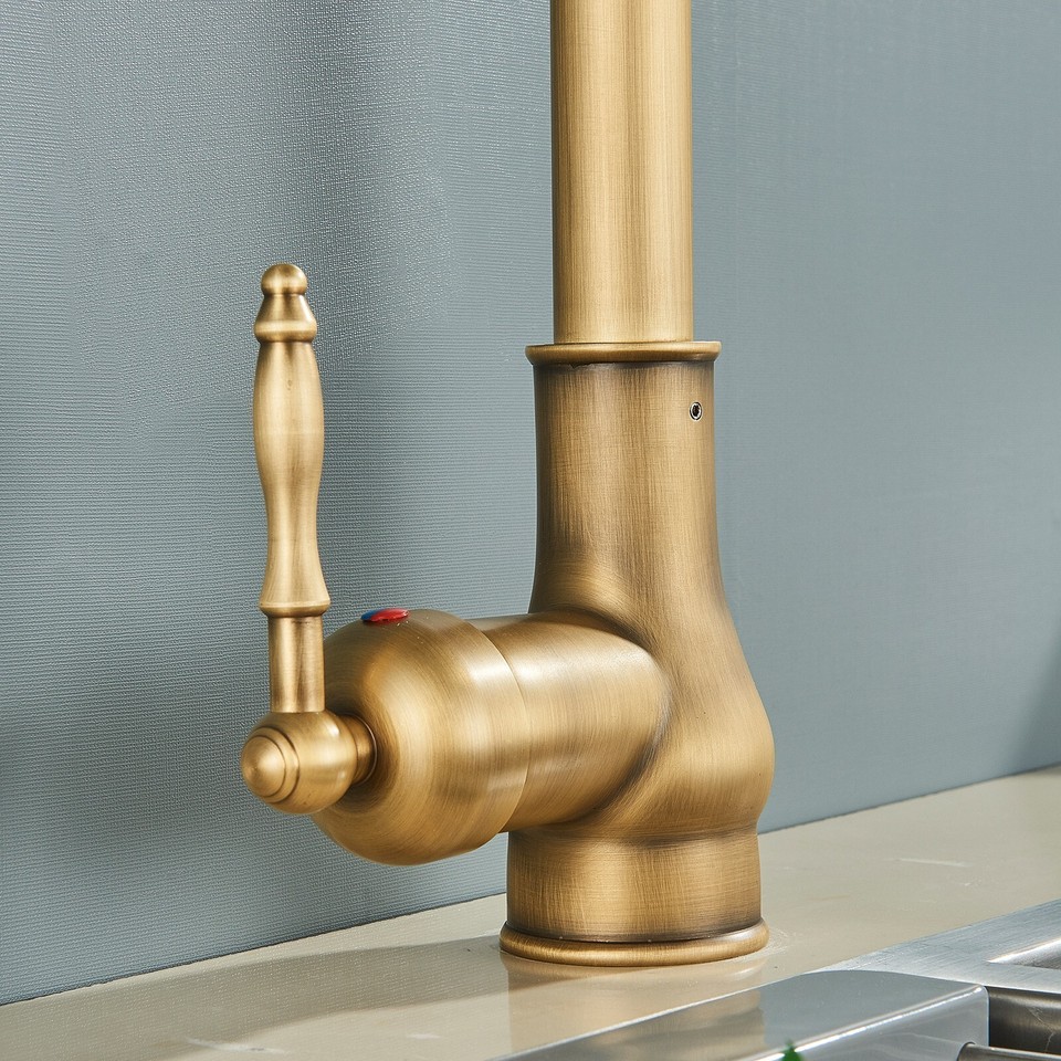 Antique Brass Kitchen Faucet Pull Down Sprayer Single Handle Swivel ...