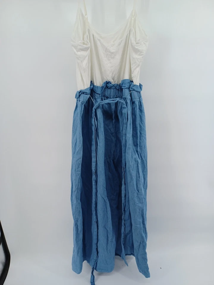 Macacão feminino Sage pernas largas tamanho grande azul branco amarrar costas - Imagem 2 de 4