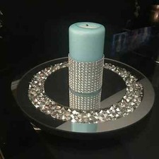25cm LARGE ROUND CRUSHED JEWELS DIAMANTE MIRRORED CANDLE PLATE WEDDING TABLE NEW