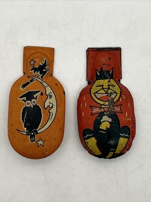 Vintage Halloween Kirchhof Noisemaker Clickers   Owl Witch Moon Laughing Cat
