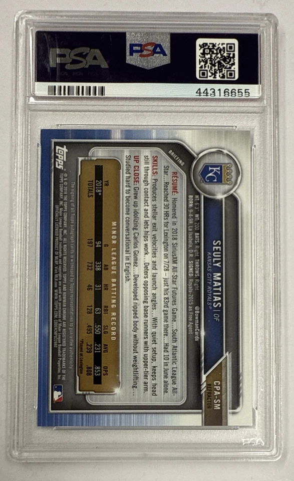 2019 Bowman Chrome / Seuly Matias AUTO ROOKIEW REFRACTOR / PSA 10 GEM MINT /499 - Image 3 of 3