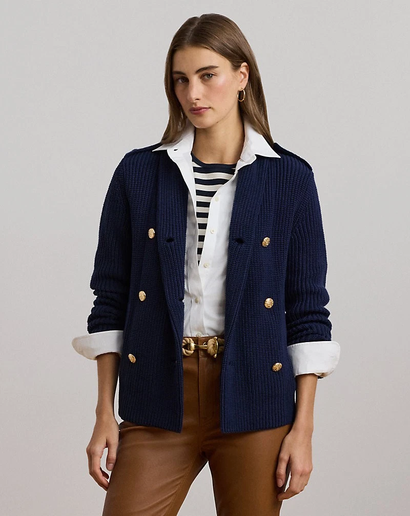 Lauren Ralph Lauren Rib-Knit Double-Breasted Jumper Jacket | Size M | RRP £279