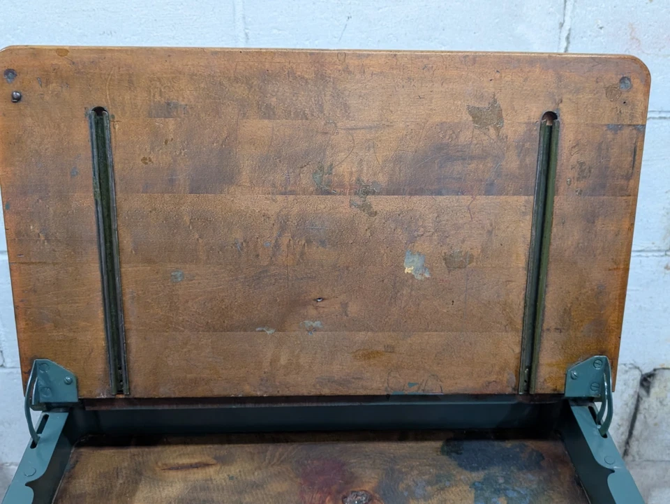 Vintage Children's School Desk Attached Chair Wooden Flip Open Metal - Image 3 of 4