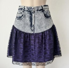 Vintage 80s 90s Acid Wash Denim Lace Skirt  Goth Grunge Punk Vibes Size 11