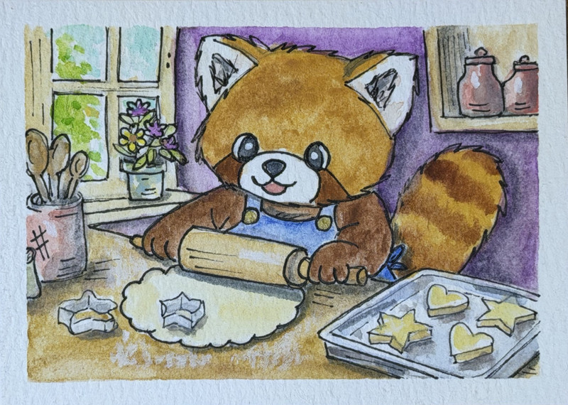 ACEO Original Watercolor Painting  Rylan's Red Panda Let's Bake  Cindybellart